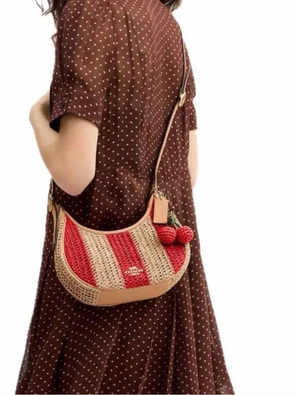 NWT Coach Emily Shoulder Bag in Woven Straw Striped Gold/Red/Tan
